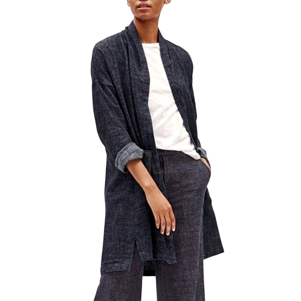 EILEEN FISHER Tweedy Hemp Organic Cotton Open Kimono Long Cardigan XL Black Boho